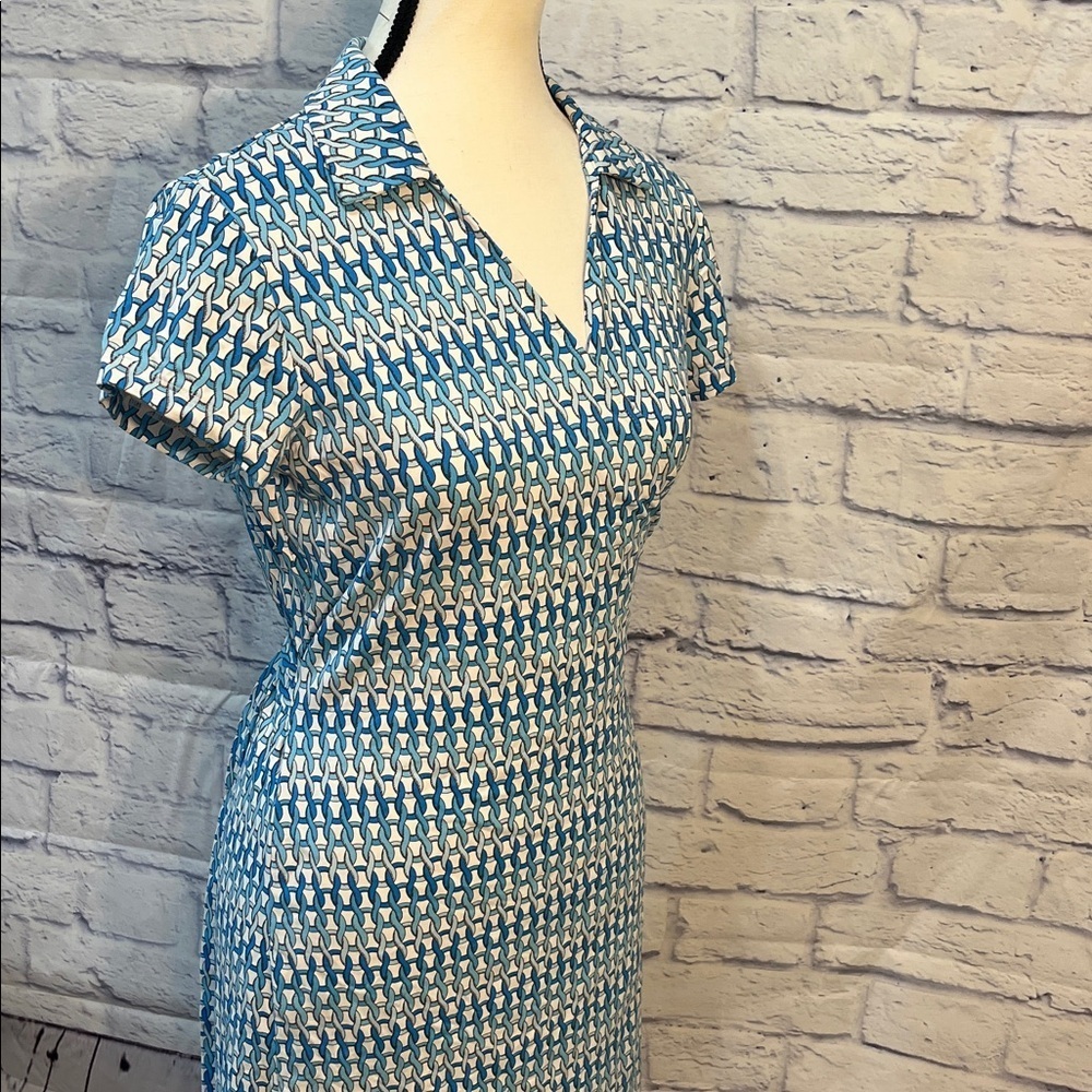 J. McLaughlin Collared Wrap Dress Chain Link Print Short Sleeve Size Medium Blue - Picture 3 of 9
